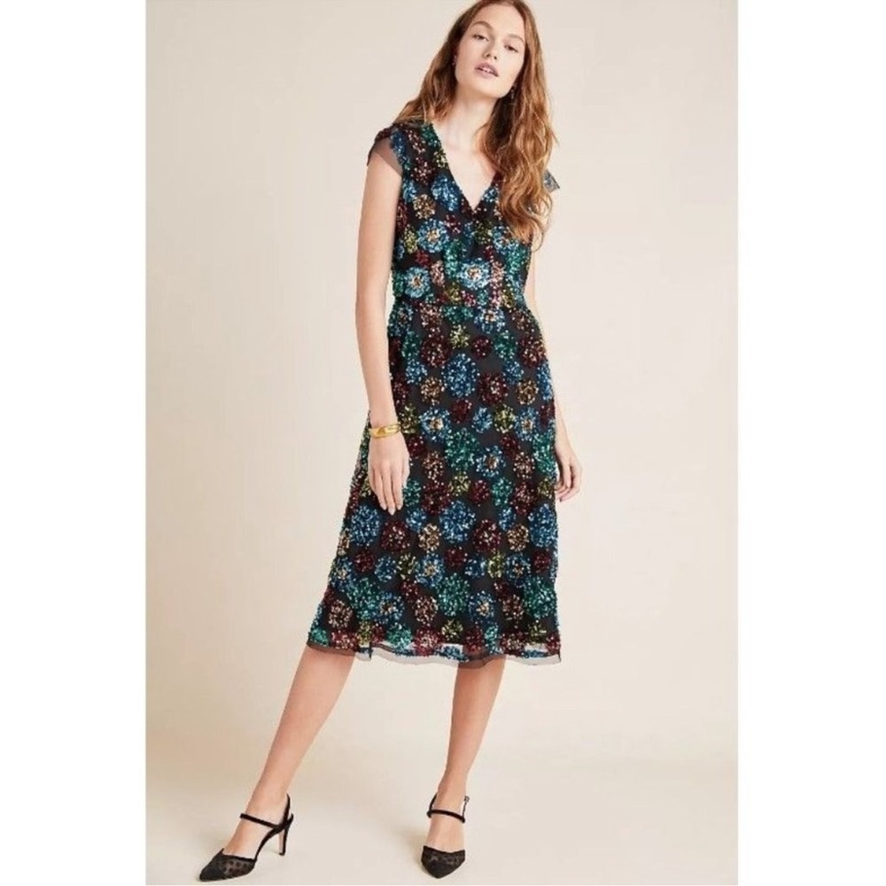 NWT Eva Franco Glenna Sequined Midi Dress festive cocktail black multicolor
